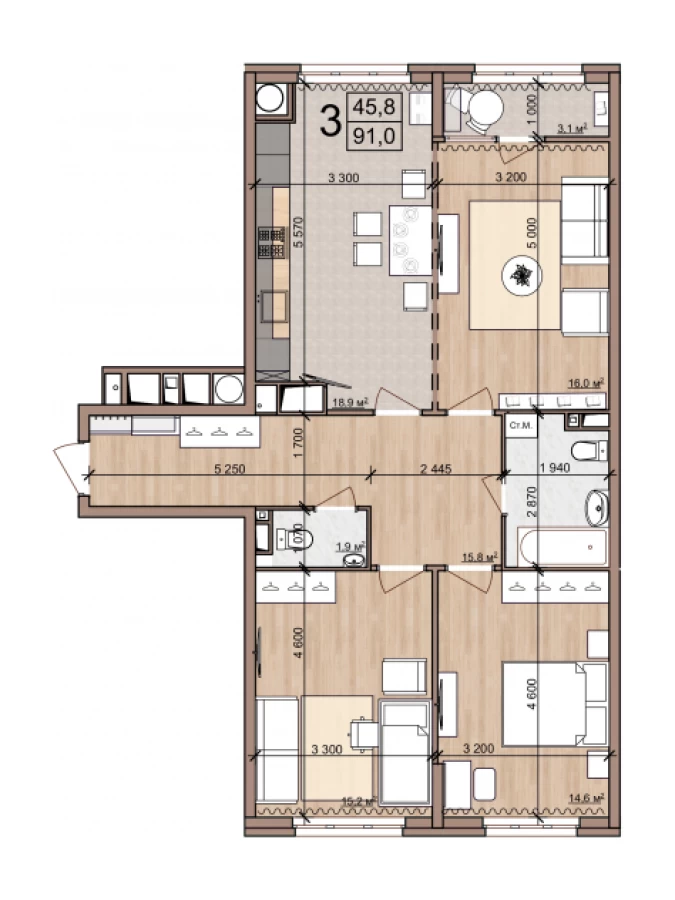3-х комнатная квартира без отделки площадью 91м2